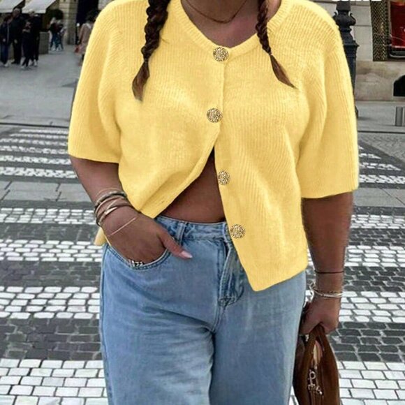 Yellow Casual Women's Plus Size Loose Knitted Short Slouchy Cardigan Top - Picture 1 of 8